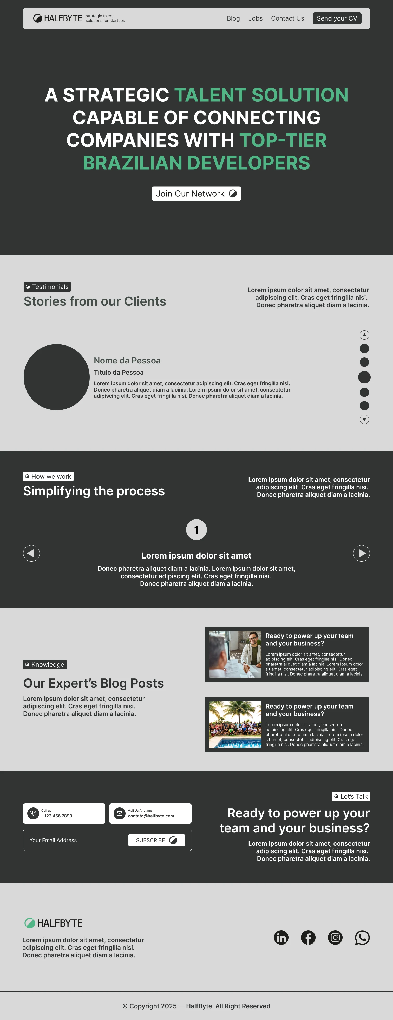 Full historical halfByte dark page concept alternating charcoal and light sections, including service introduction, sample stories, process, articles and contact.