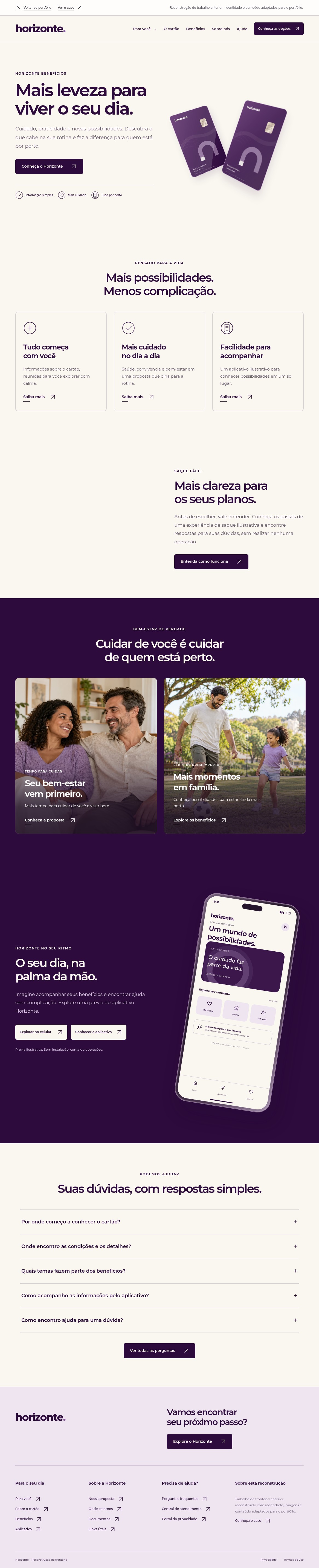Full home page showing the portrait-card hero, three information cards, generated everyday scenes, photo-backed benefits, app illustration and native questions.