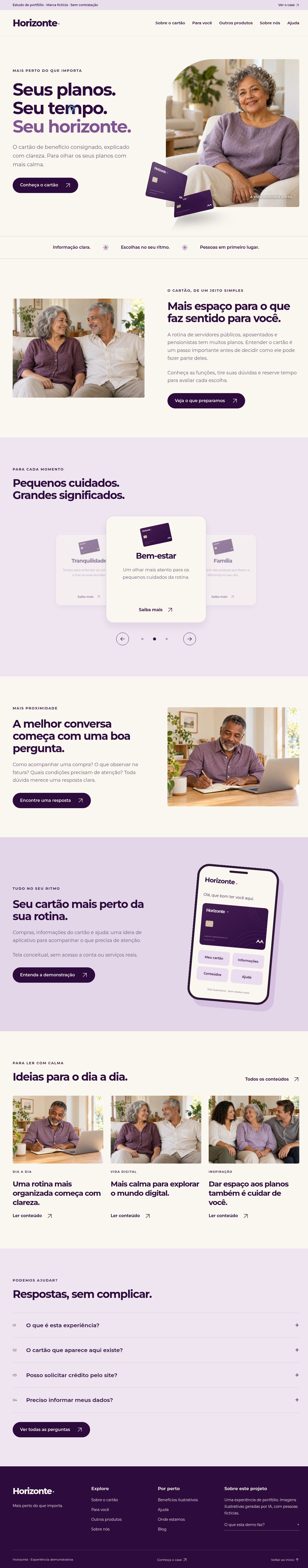 Full desktop browser capture of the multipage Horizonte home, including its hero, card introduction, benefit carousel, app illustration, local articles, FAQs and footer.