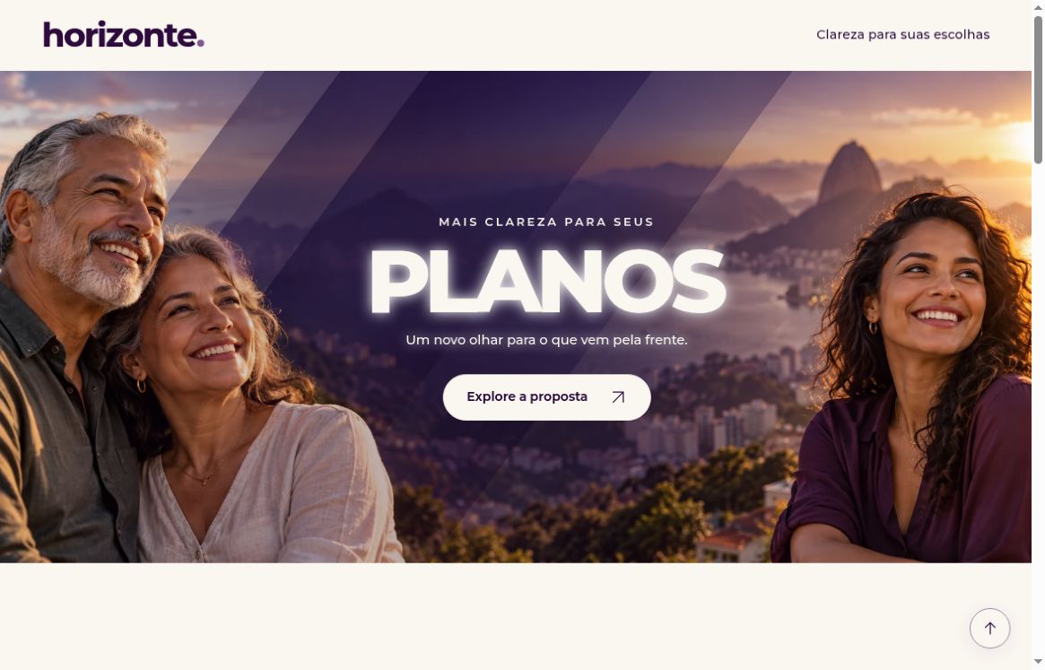 Browser screenshot of the Horizonte landing-page reconstruction with its header, three generated people, PLANOS headline and local navigation button.
