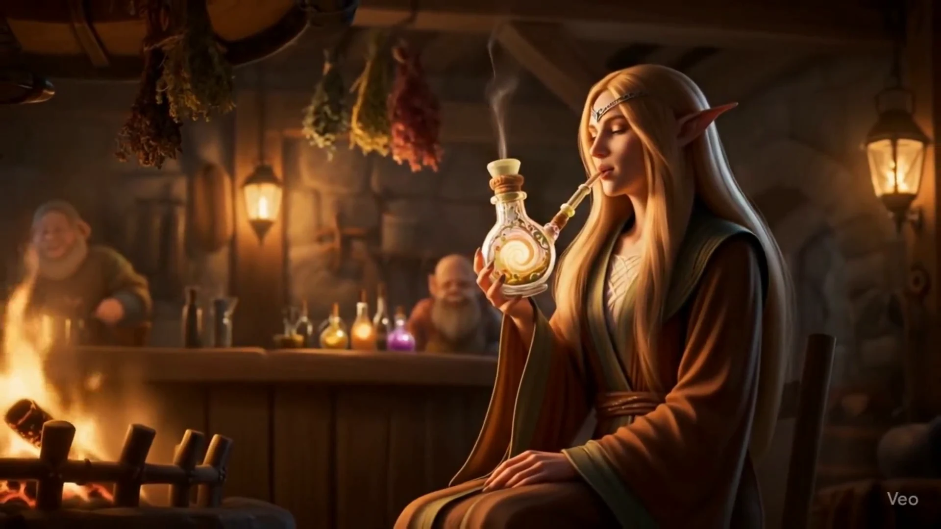 L2Drugs current download-media frame showing a game character beside a tavern fireplace, with a Veo watermark at the lower right.