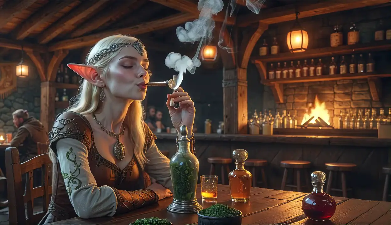L2Drugs current hero-media frame showing a game character at a warmly lit tavern bar.