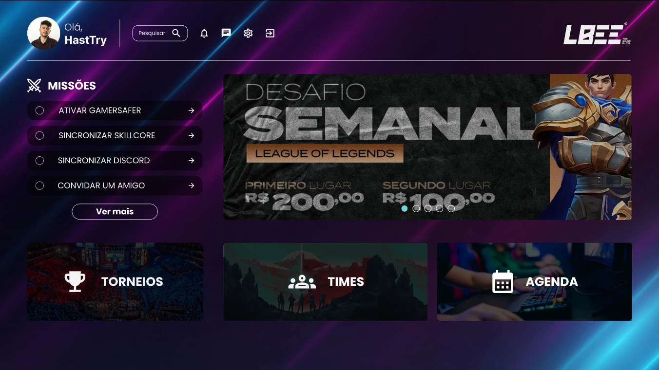 Supplied historical LBEE home design with a cyan-and-magenta diagonal background, mission list, weekly League of Legends banner and tournament, team and calendar entry points.