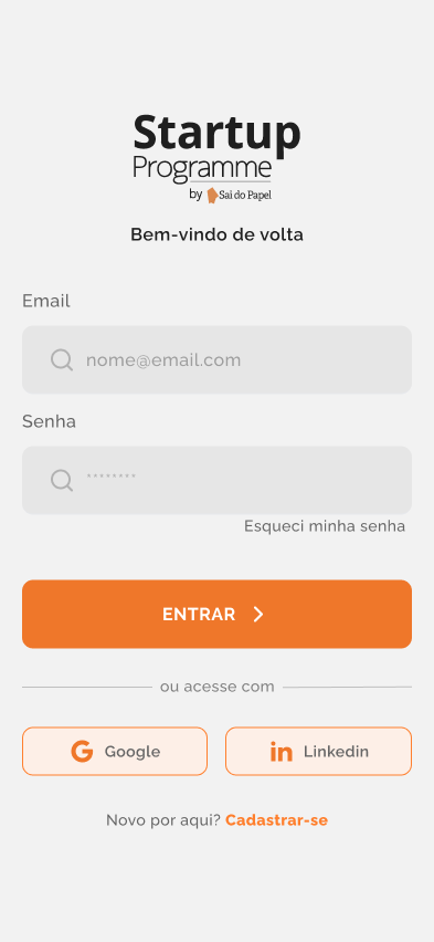 Platform UI design by Wallace Paulo: Startup Programme sign-in design with empty email and password examples and alternative sign-in choices.