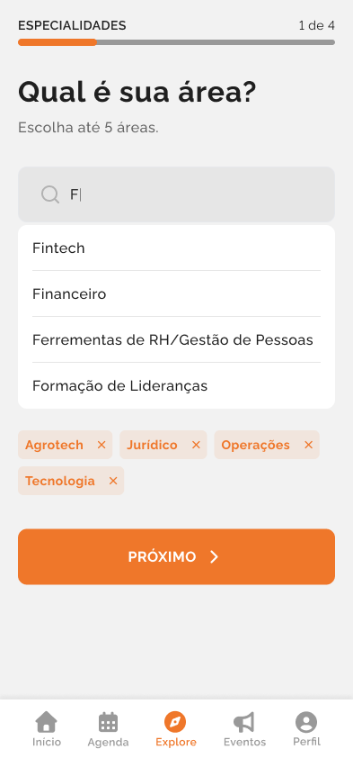 Platform UI design by Wallace Paulo: Specialties onboarding design with progress indicator, search results, selected topic chips and next button.