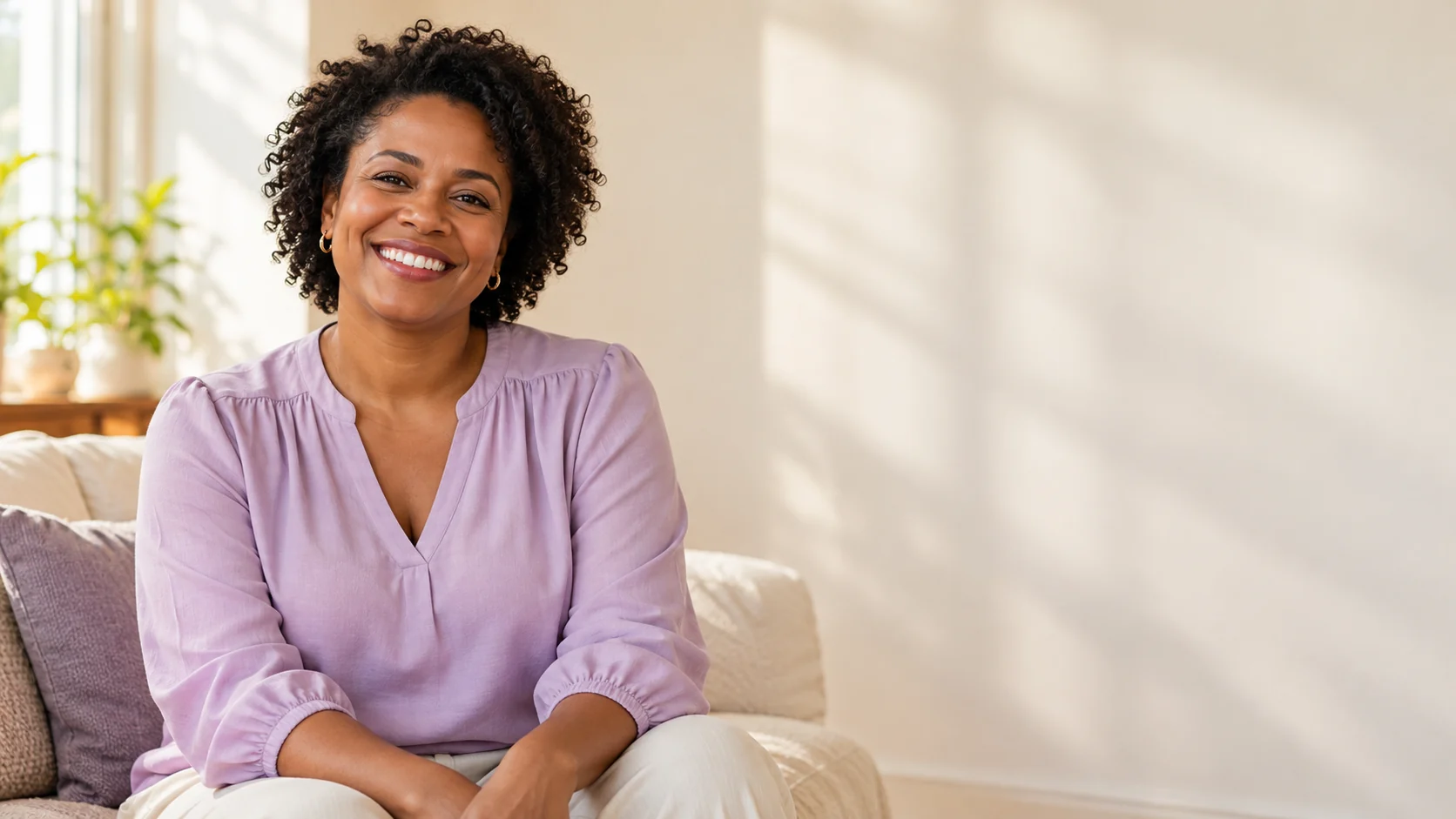 Mulher sorridente em casa, aproveitando um momento de tranquilidade