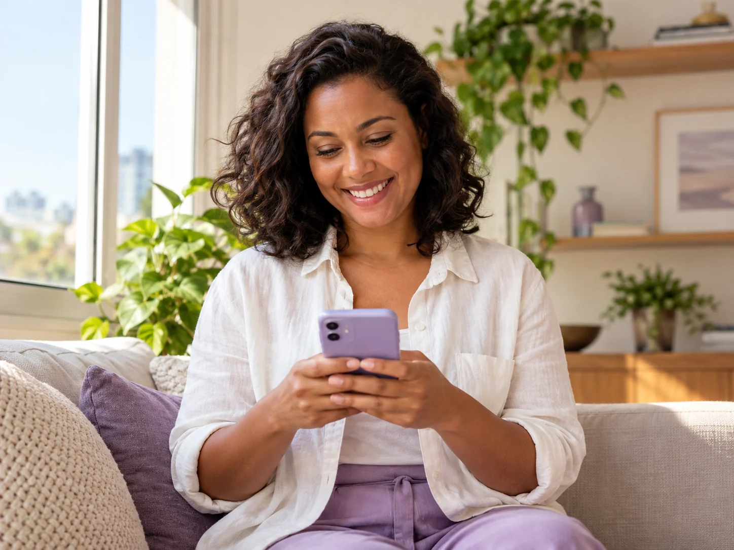 Mulher usando o celular em um ambiente acolhedor