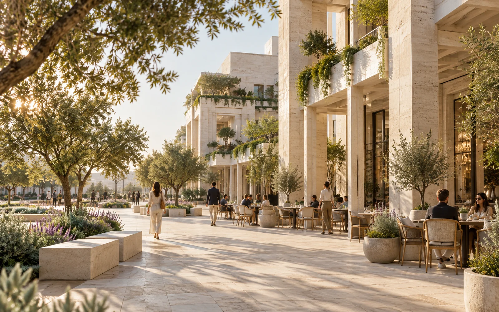 Imagem gerada de uma praça com árvores, fachadas comerciais e pessoas