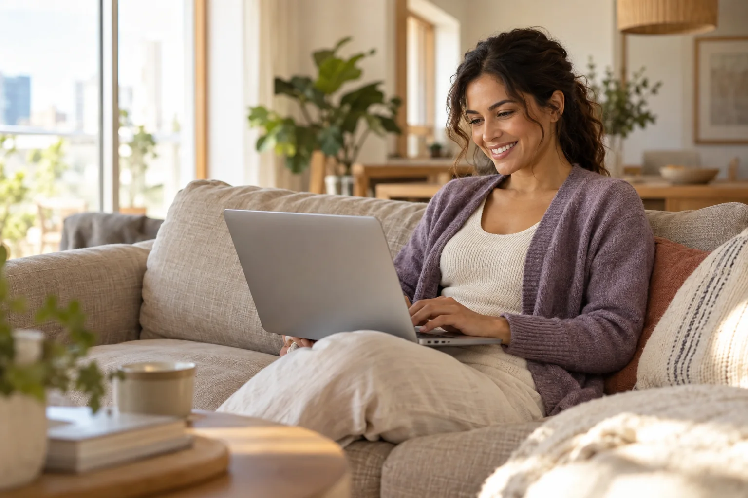 Mulher com notebook em uma pausa tranquila em casa