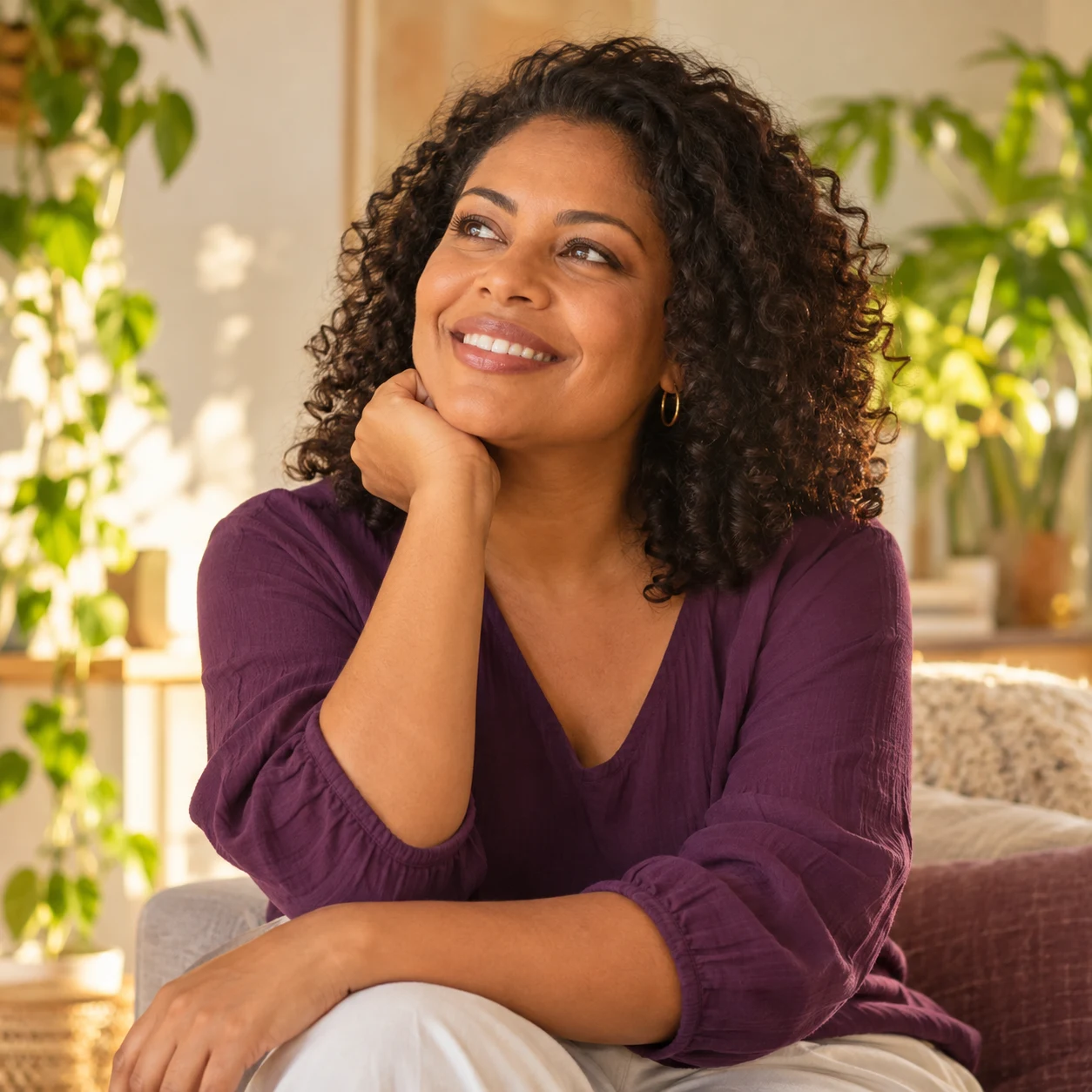 Retrato criado para o estudo: uma mulher adulta sorrindo em um ambiente acolhedor.