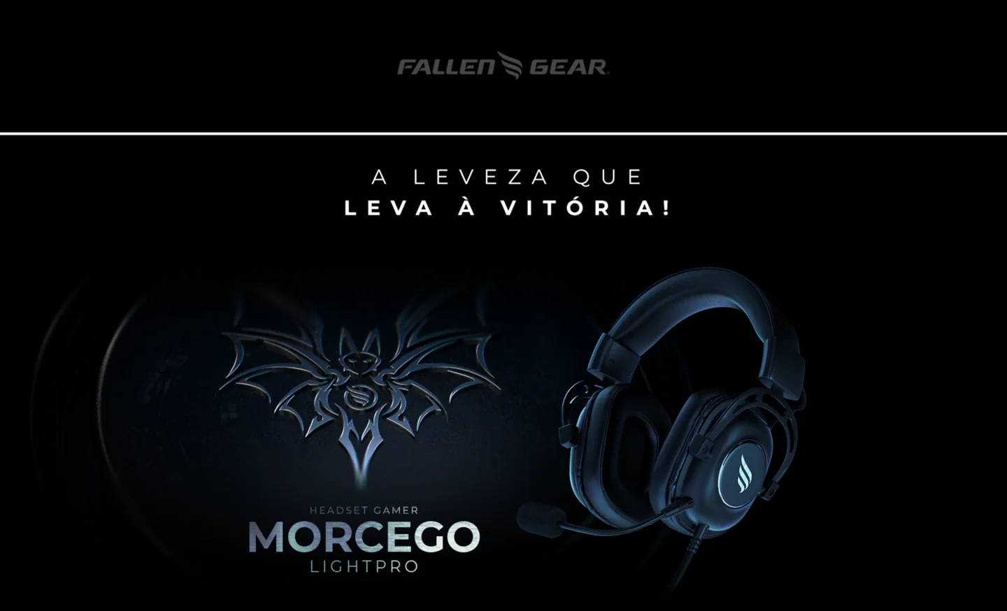 Original Morcego LightPro campaign hero with a gaming headset and Portuguese headline linking lightness with victory.