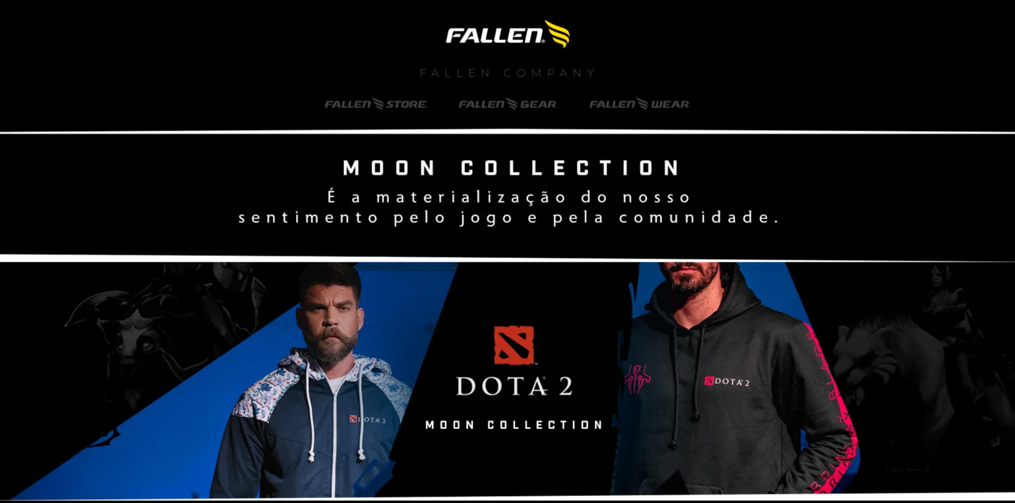 Original Moon Collection campaign header, with Fallen branding, a Portuguese community tagline, Dota 2 logo and models wearing the collection.